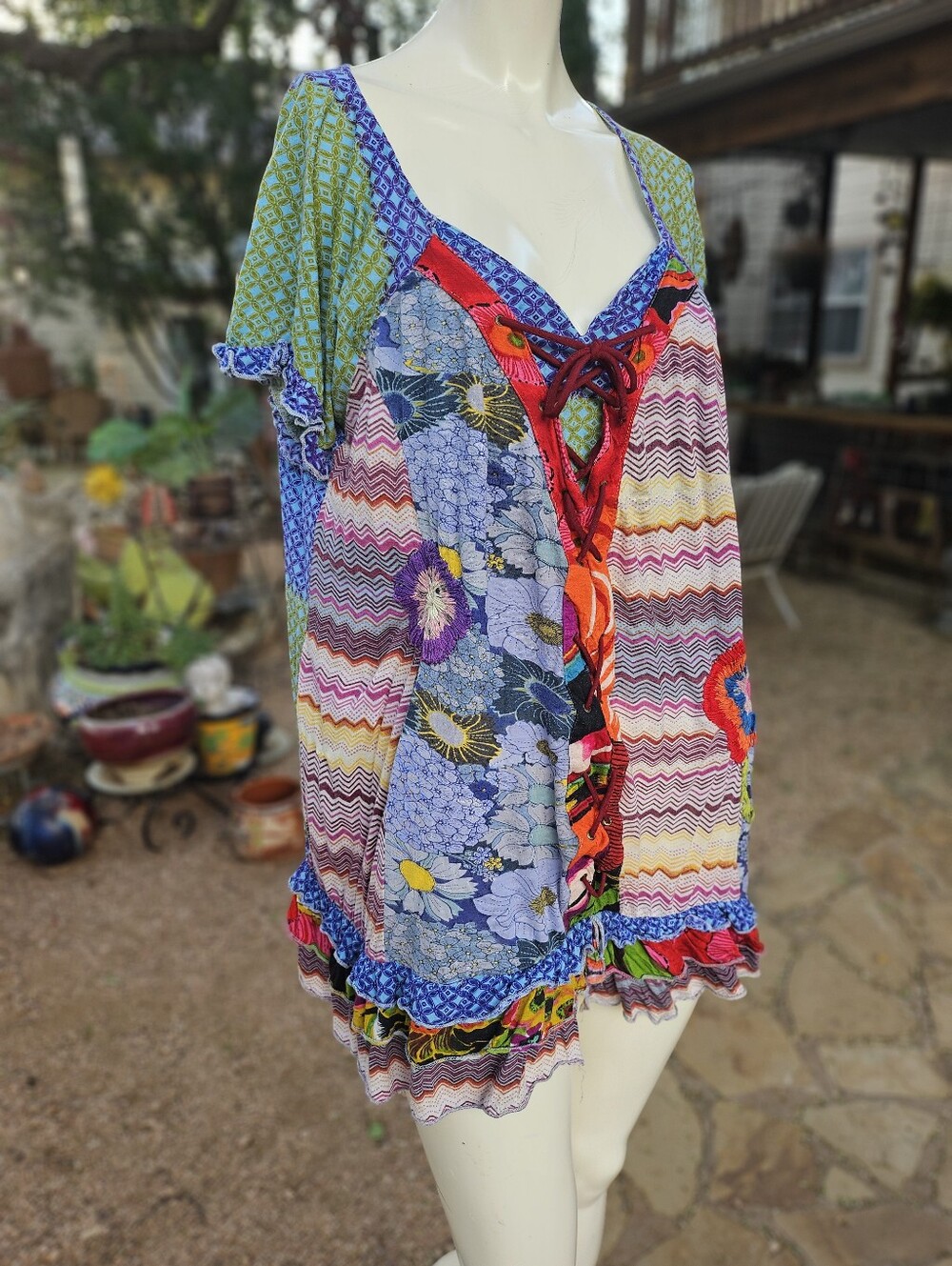 Alberto Malaki Size XL Colorful Viscose Tie Front Embroidered Abs Flower Blouse